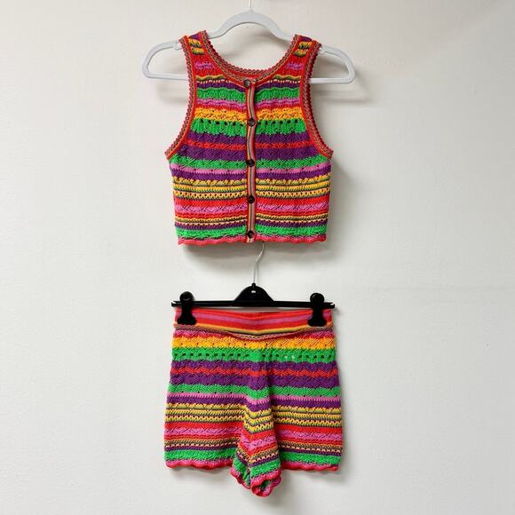 Ba&Sh Pierce Striped Crochet-Knit Top & Peck Short Set Red Multi Women's XS/US 2 - Picture 5 of 9